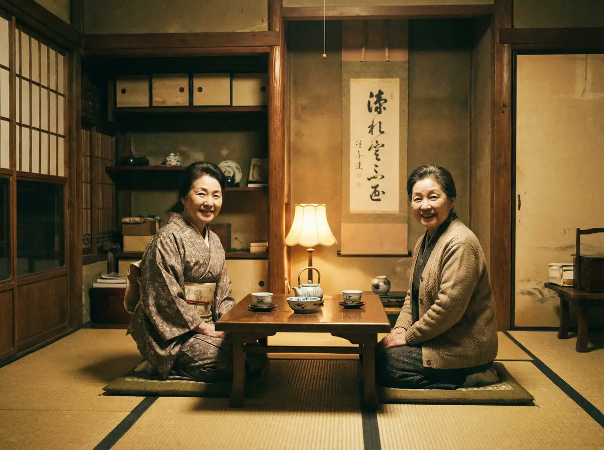 两位优雅的 媚黑 在日式茶室中品茶交谈